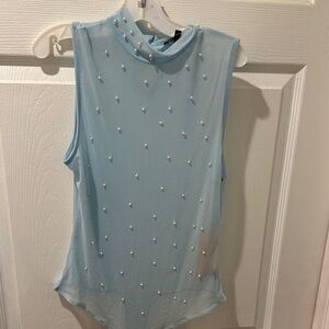 Blue embellished bodysuit with mock neck and sleeveless design